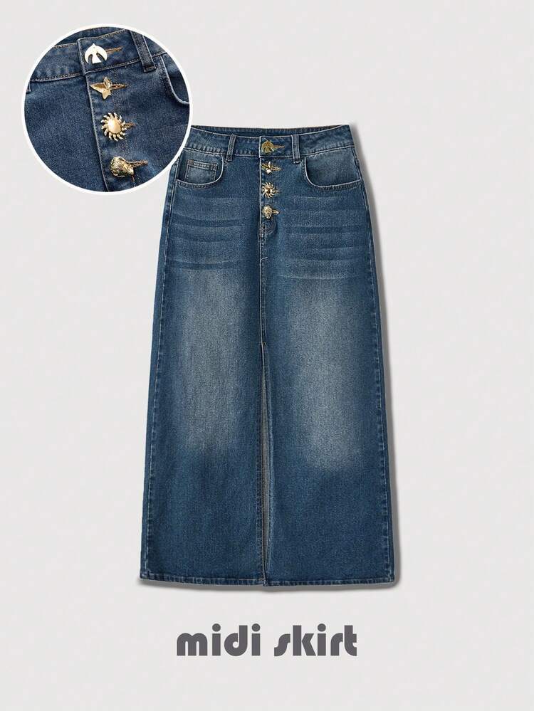 SHEIN Maija Women's Blue Denim Skirt, Elegant Old-Fashioned Mid-Length Skirt With Metal Buckles For Autumn Date Wear Office Midi Skirt