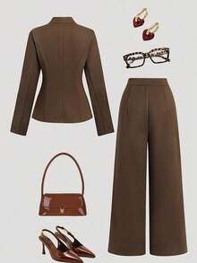 GlowEve 标准尺寸女式修身花卉装饰西装外套 + 直筒裤套装 - 棕色 - 查看 2