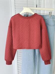 SHEIN Tween Girls' Casual Sports Versatile All-Match Knit Cable Textured Crew Neck Cropped Loose Pullover Autumn Sweatshirt - Red - View 2
