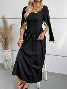 SHEIN Elegant Muslim Women's A-Line Maxi Dress With Cinched Waist And Gold Accents - Black - View 5