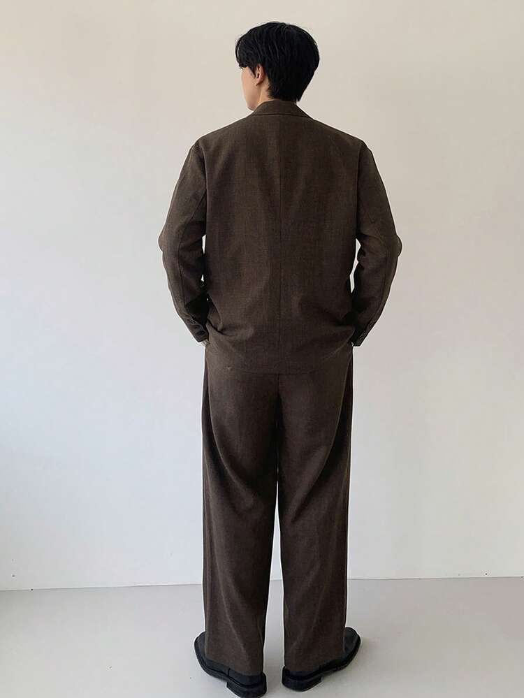 Men's Solid Color Loose Fit Brown Commuter Style Suit Set, Autumn Business Attire