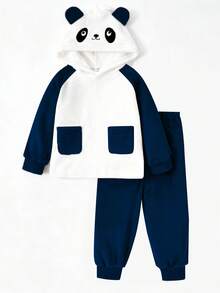 SHEIN Playful Pals Set de pantalones y top con capucha de manga larga con bordado de panda juguetón para niño pequeño, conjunto de ropa de estar cómoda y casual - Azul Marino - Ver 4