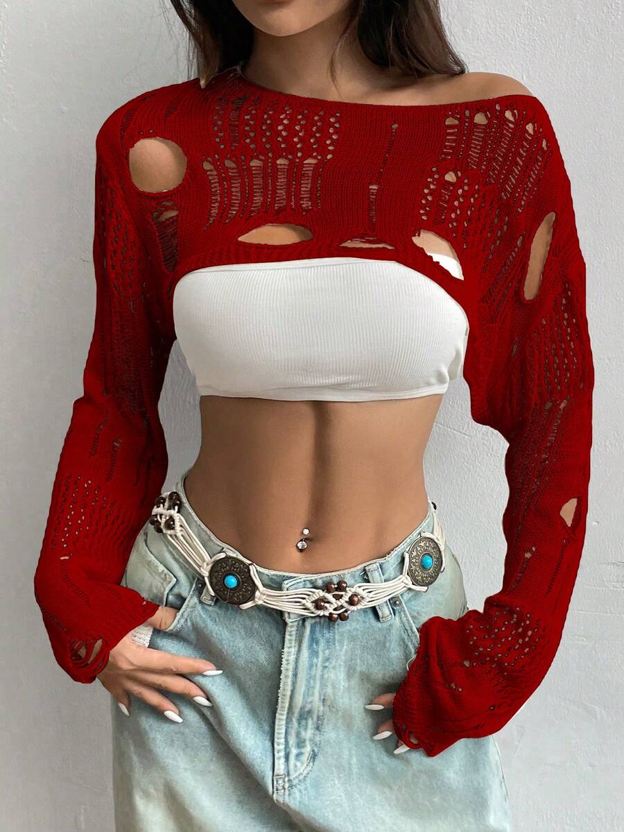 SHEIN Unity 女式纯色不对称领口做旧长袖套头毛衣 - 紅色 - 查看 1