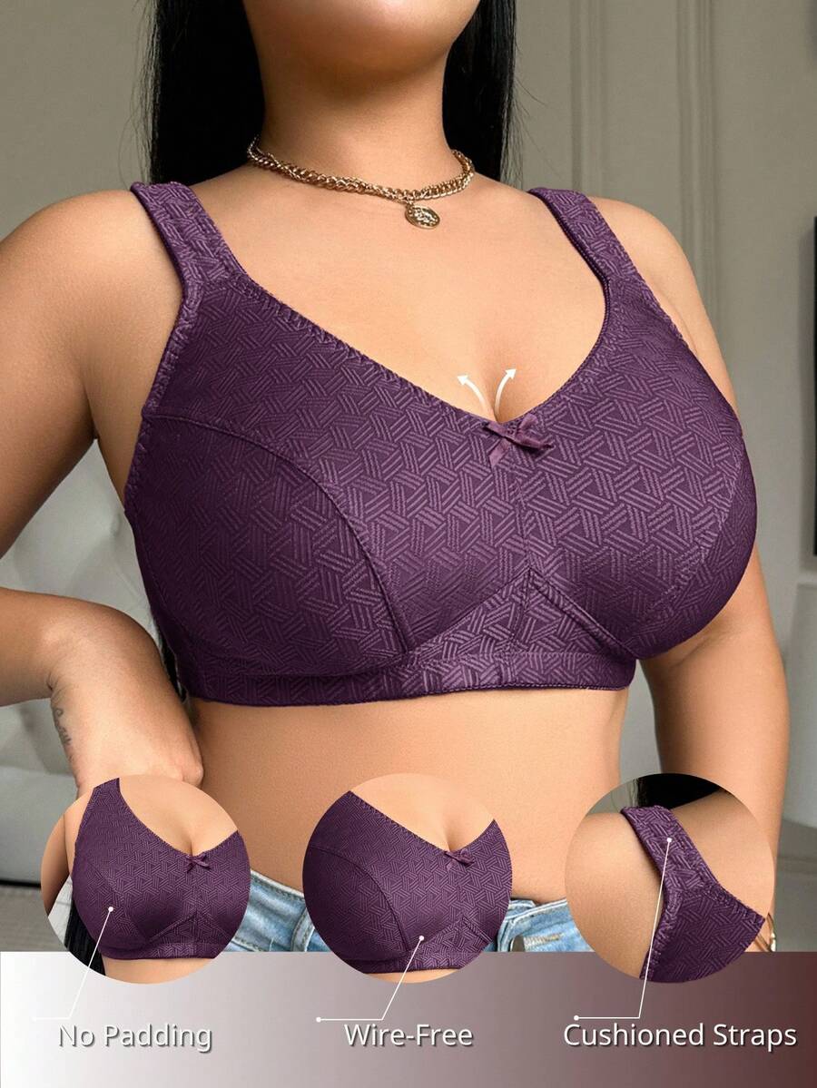 DesireSculpt 1pc Plus Size Women's Solid Color Elegant Comfortable Soft Jacquard Bow Decor Soft Sponge Adjustable Strap Wireless Bra - Maroon - View 1