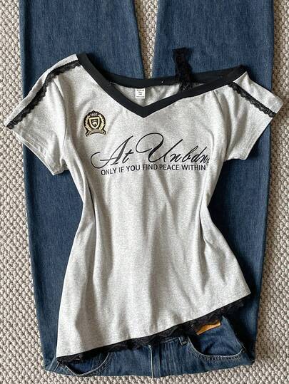 1pc Teen Girl Sweet & American Style Fitted Patchwork Contrast Color Floral Print T-Shirt With Lace Trim, Summer