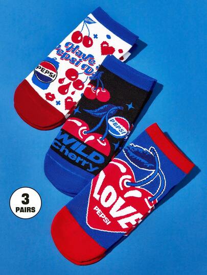 PEPSI X SHEIN 3Pairs Soft & Breathable Moisture-Wicking Casual  Ankle Socks With Cherry Pattern Fashionable And Cute White & Black Short Socks Reinforced Toe & Heel For Durabiliy Unisex For Men & Women All Season All-Match Summer Winter
