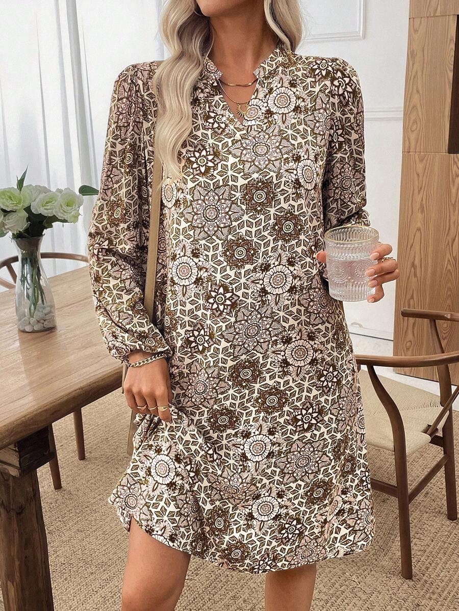 EMERY ROSE 女式休闲全印花缺口领长袖中长连衣裙，秋季 - 彩色 - 查看 1