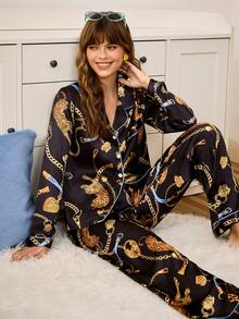 Chillnights 时尚INS豹纹链条印花女士睡衣套装，曲线款睡衣套装，西部风睡衣套装，咖啡色睡衣，冬季服装 - 彩色 - 查看 5