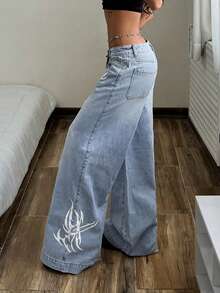 SHEIN Tall Women's Casual Washed Print Low Waist Wide Leg Jeans - Blue - View 5