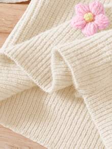 SHEIN Vintaside Kids 女孩手工花朵针织连衣裙，圆领长灯笼袖可爱优雅粉色连衣裙 - 米色 - 查看 7