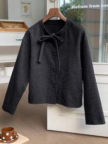 Comfortcana Women's Elegant Solid Color Twist Collar Loose Overcoat, Autumn/Winter - Dark Grey - View 3