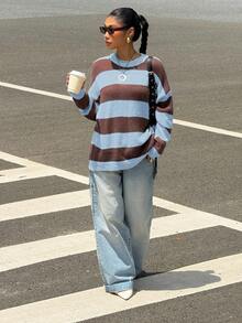 Muchica Damen Lässig Kontrast Farbige Drop Shoulder Langarm Pullover