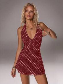 TRNVIE 浪漫波点V领女士迷你连衣裙，初秋 - 酒紅色 - 查看 3
