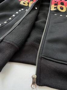 StreetHx 街头服饰女式哥特朋克摇滚彩色图案印花长袖连帽夹克，秋冬 - 黑色 - 查看 7