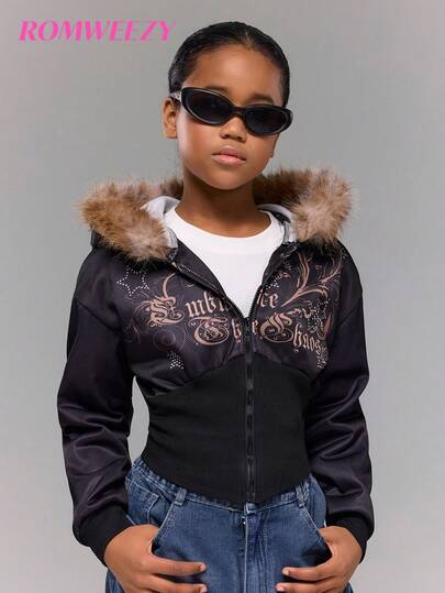 Sparklyn Autumn/Winter Girls' Hooded Sweatshirt Jacket, Featuring Furry Trim Hood, Vintage Print With Rhinestone Accents On Front, Soft And Comfortable For Casual Outings