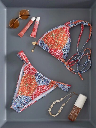 Swim Mod Conjunto de bikini de 2 piezas con estampado de paisley de color dopamina, con tirantes ajustables y desmontables, y sujetador acolchado