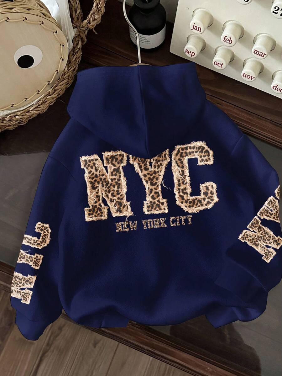 SHEIN EZwear Sudadera azul marino con estampado minimalista casual de NYC y estampado de leopardo, adecuada para otoño/invierno - Multicolor - Ver 1