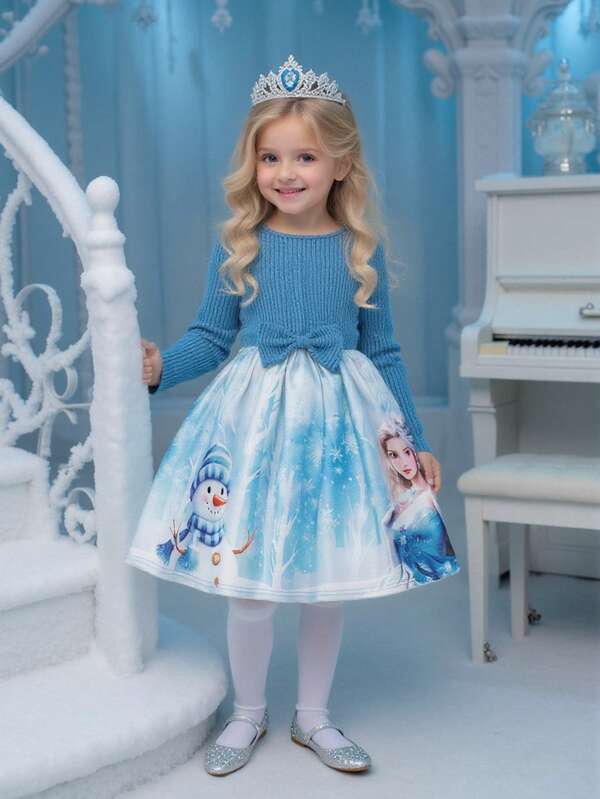Glamorique Kids 1 Stück Mädchen Langarm Kleid, neue Herbstkollektion, Kinderkleidung, Schleife an der Taille, Rundhalsausschnitt, digitales Positionsdruck-Kleid mit Eis- und Schnee-Prinzessin Cartoon Muster