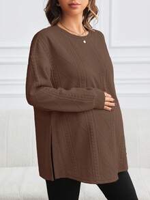 SHEIN 孕妇圆领长袖休闲运动衫，侧开衩下摆，秋冬 - 棕色 - 查看 6
