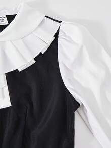 SHEIN Explorewe Váy cổ xếp lớp Colorblock dành cho bé gái tuổi teen - Đen và trắng - Xem 6