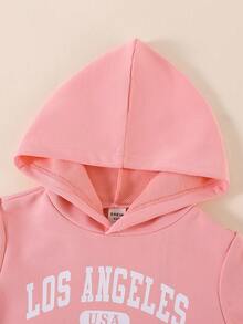 SHEIN Explorewe 3 件套女童休闲连帽运动衫、吊带背心和运动裤套装，时尚印花设计，适合日常休闲装、学校装、春秋季 - 粉色 - 查看 7