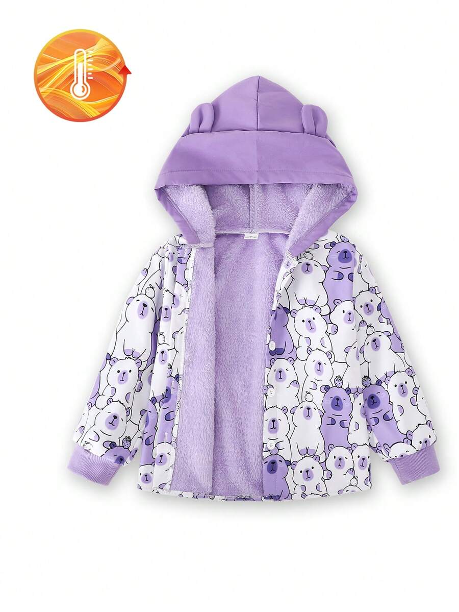 SHEIN Áo khoác lông cừu có mũ họa tiết hoạt hình cho bé gái, ấm áp cho mùa thu/đông - Nhiều màu - Xem 1