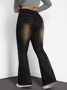 SHEIN CURVE+ 秋季大码休闲水洗猫须斜口袋喇叭牛仔裤 - 黑色 - 查看 2