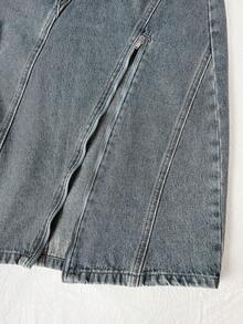 Elamini Damen Lässiger Mode Reißverschluss Schlitz Saum Locker Denim Rock - Blau - Übersicht 4