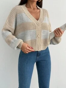 EURMUSE 女式撞色蝙蝠袖休闲开衫，适合秋冬季 - 灰色 - 查看 5