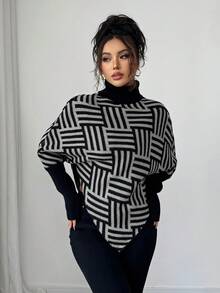 Elenzga Women's Elegant High Neck Geometric Textured Poncho Sweater, Colorblock, Suitable For Home & Travel, Spring/Autumn - Grey - View 4