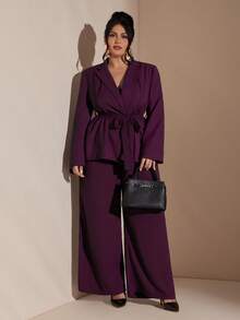 SHEIN BAE Conjunto de traje casual y elegante de manga larga con cruce envolvente para mujer de talla grande