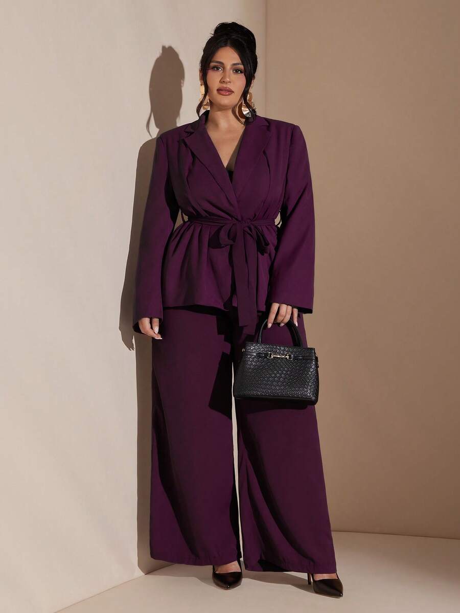 SHEIN BAE Conjunto de traje casual y elegante de manga larga con cruce envolvente para mujer de talla grande