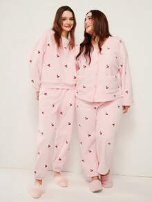 LUVLETTE 冬季基础款柔软保暖女式圆领套头衫长袖长裤睡衣家居服两件套粉色樱桃图案圣诞节新年睡衣款式 2025 - 粉色 - 查看 10