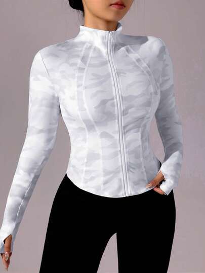 Rhythm Era Plus Size Camouflage Print Zip-Up High Collar Long Sleeve Sports Jacket