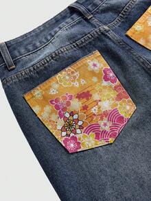 ROMWE J-Fashion 亚文化秋冬新款中国风汉字印花刺绣复古低腰女式牛仔裤 - 藍色 - 查看 3