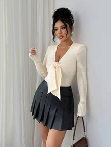 SHEIN Unity Women's Elegant Commuter Bow Front Fitted Sweater - Beige - View 5