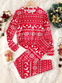 SHEIN 少女卡通图案休闲简约圆领长袖上衣和紧身打底裤套装，贴身舒适，适合秋冬季穿着。 - 紅色 - 查看 6