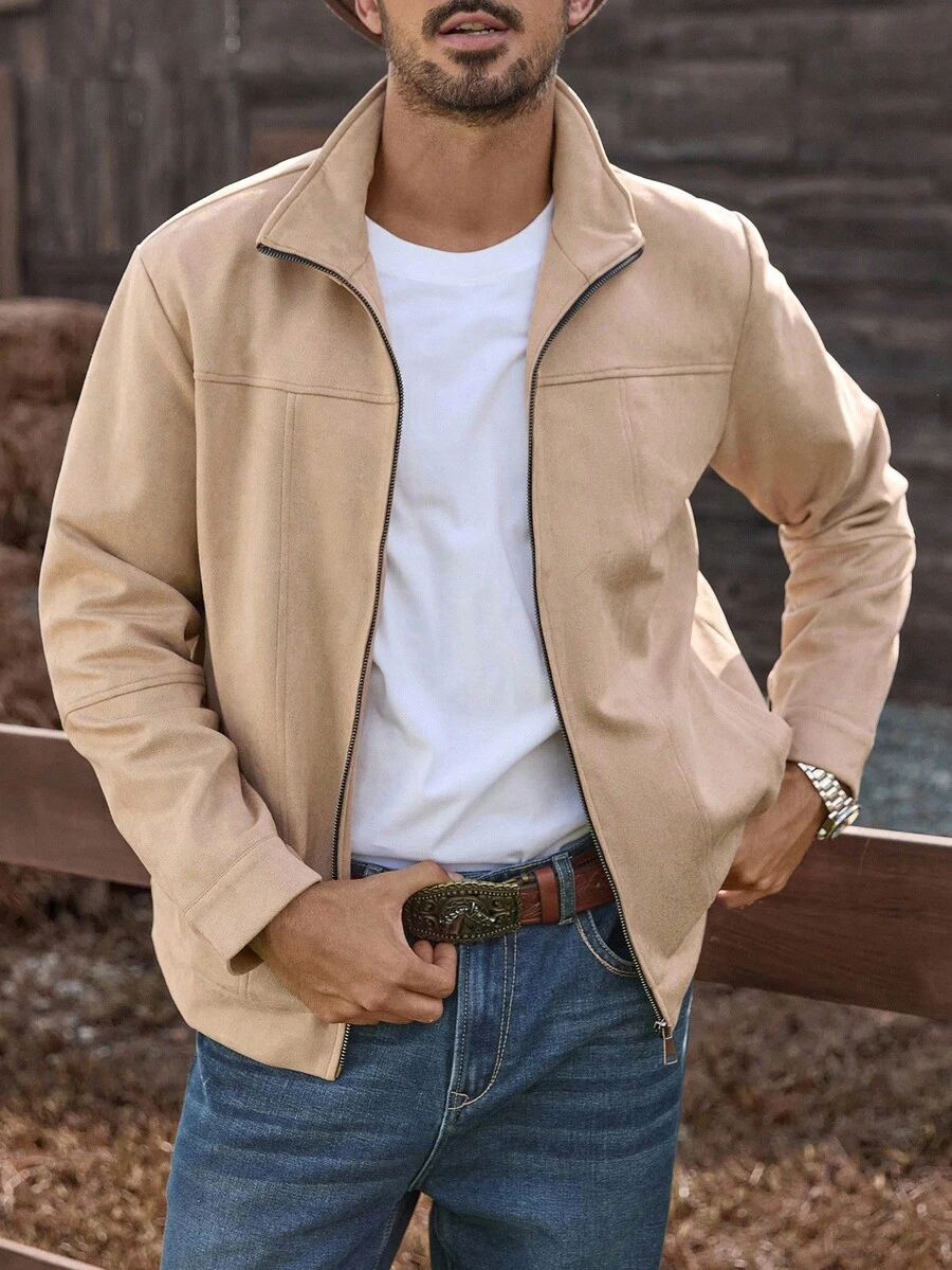 Manfinity Nomadique 美式复古新款休闲商务弹力仿麂皮男士夹克，奢华风格，秋冬 - 棕色 - 查看 1