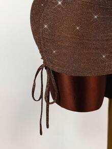 Amplova 女式性感金属闪光垂坠领露背前系带上衣和抽绳褶饰迷你裙 2 件套，时尚派对装 - 棕色 - 查看 10