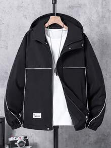 1pc Teenage Boys' Black Hooded Jacket, Contrast Stripe Design, Casual HOOGE STYLE Label, Fashionable Streetwear, Versatile - Black - View 6