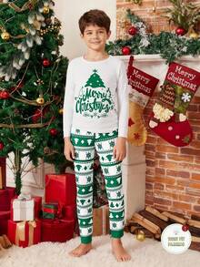 1 套圣诞快乐男孩睡衣，红色长袖上衣，装饰圣诞树图案，白色书法“圣诞快乐”文字，拼色裤子，分层圣诞树和雪花印花，弹力透气针织面料，可机洗，穿着舒适，易于护理，母子装（4 套单独出售） - 彩色 - 查看 8