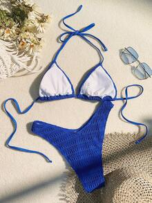 Summer Beach Solid Halter Triangle Bikini Set - Royal Blue - View 2