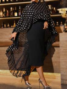 EMERY ROSE 大码女士优雅复古黑色金箔立领不对称荷叶边披肩上衣 + 女士优雅性感黑色开衩吊带裙，春秋季 - 黑色 - 查看 1