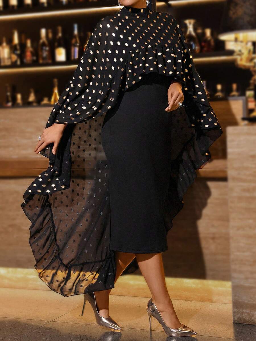 EMERY ROSE 大码女士优雅复古黑色金箔立领不对称荷叶边披肩上衣 + 女士优雅性感黑色开衩吊带裙，春秋季 - 黑色 - 查看 1