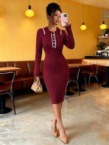 Elenzga Women's Elegant Color Block Collar Fitted Knit Dress, Autumn/Winter - Redwood - View 6