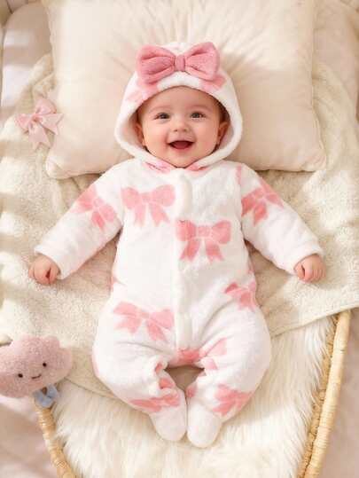 SHEIN Newborn Baby Hooded Jumpsuit, Cute Pink Bow Print Flannel Soft & Skin-Friendly Infant Jumpsuit