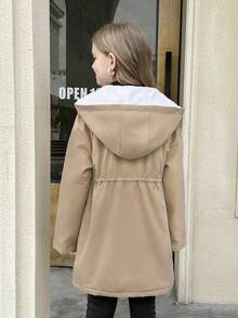 SHEIN 少女服装，纯棉水洗保暖内衬夹克，卡其色中长外套，适合返校、开学典礼、日常穿着、上学、旅行、运动、冬季、圣诞节等场合。 - 卡其色 - 查看 2