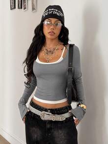 Coolane Women's Fall Winter Y2K Concert Rave Going Out Grey Slim Fit Fake Long Sleeve Top - Grey - View 3