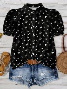 EMERY ROSE Collared Puff Sleeve Long Blouse For Women Featuring Woven Fabric And Multicolor Design Ditsy Floral Top Floral Blouse Women Puff Sleeve Blouse,Teacher Shirts Chic Blouses For Women - Multicolor - View 2