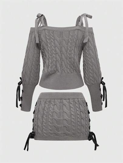 Kawaii Women's Casual V-Neck Bow Tie Drawstring Single-Breasted Lantern Sleeve Knit Sweater + Criss-Cross Strap A-Line Skirt 2-Piece Set